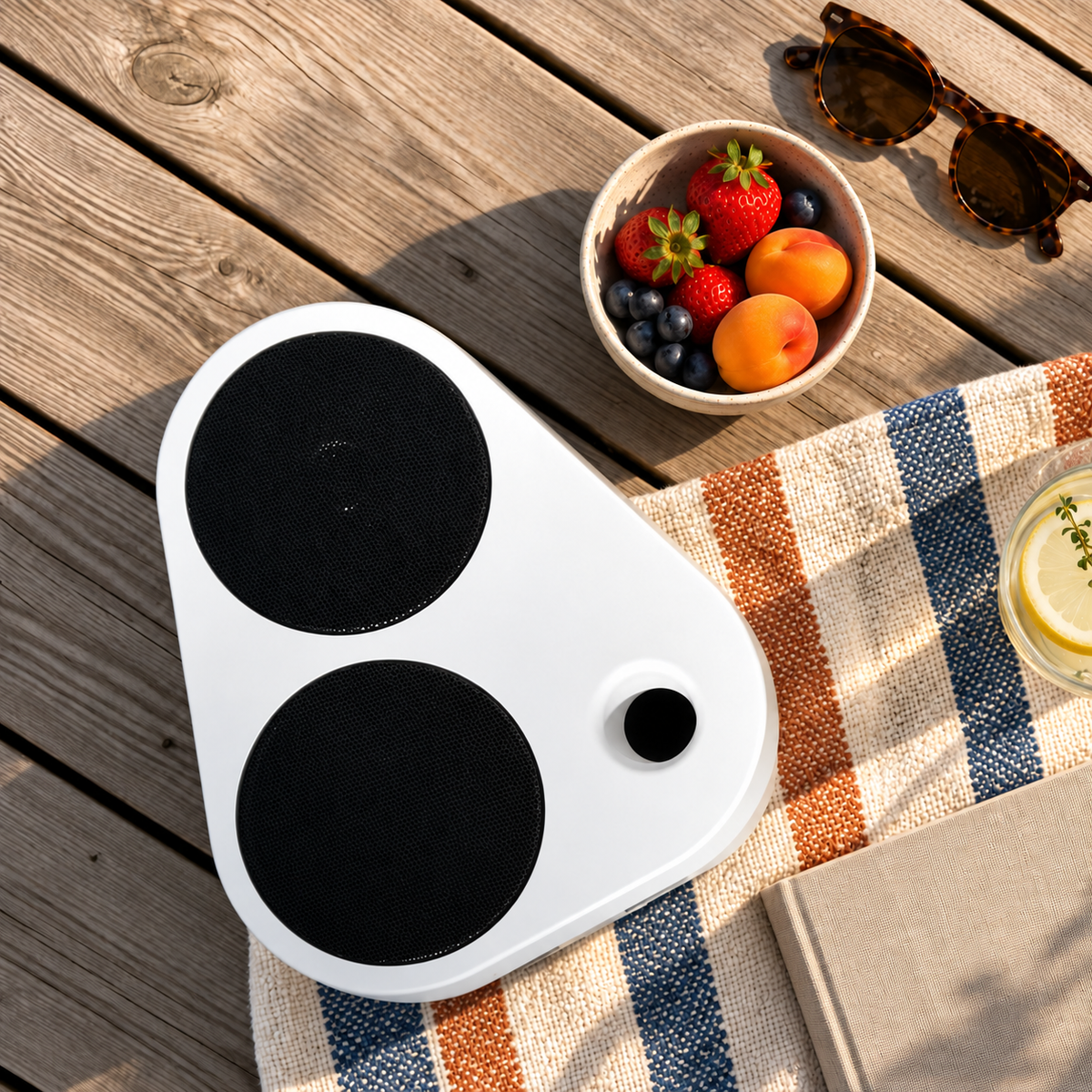 Weißer ES2 auf einem Gartentisch mit Obst, Sonnenbrille und Decke #color_white